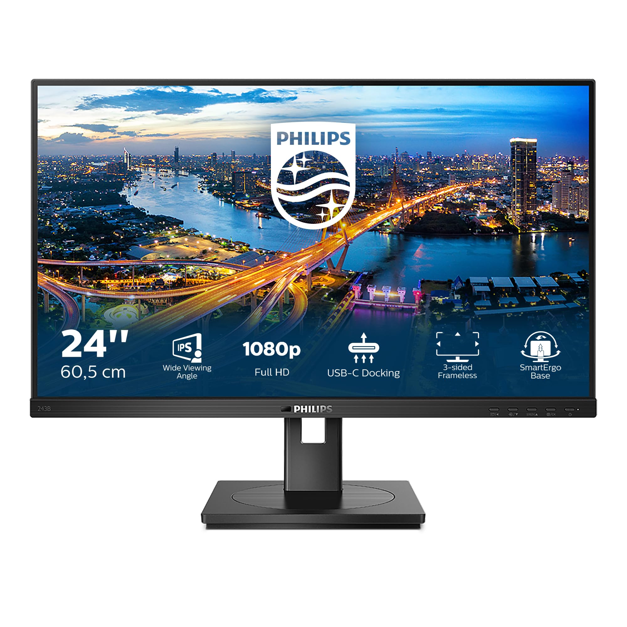 Philips 243B1 – Business and Everyday 23.8 Inch IPS Full HD Monitor, 1920 × 1080, USB Hub, HDMI, DisplayPort, VGA – Refurbished Excellent Condition